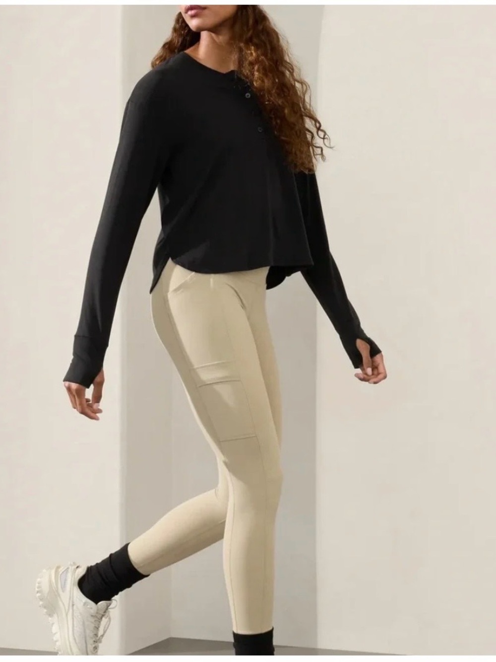 Athleta Canyon Henley Top Lightweight Cropped Black Long-Sleeve - Picture 2 of 8